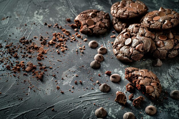 Photo delectable chocolate cookies with chocolate chips scattered on a dark textured surface with crumbs adding a rustic touch