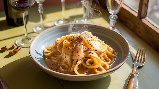 A delectable closeup food photograph of Cacio e Pepe a classic Italian pasta dish