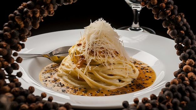 A delectable closeup food photograph of Cacio e Pepe a classic Italian pasta dish