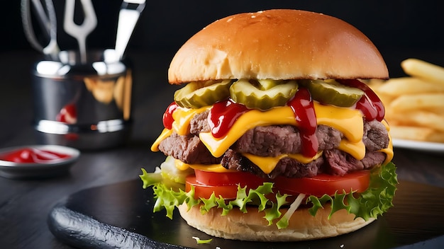 A delectable closeup food photography of a juicy hamburger with melted cheese