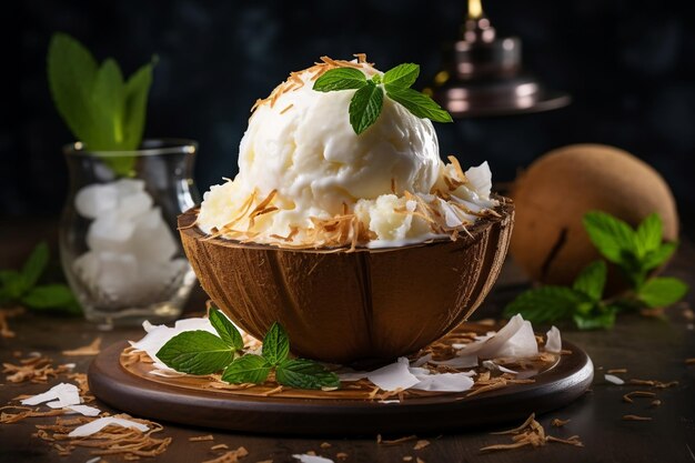 Delectable Coconut Ice Cream Served in Natural Coconut Shells Generative Ai