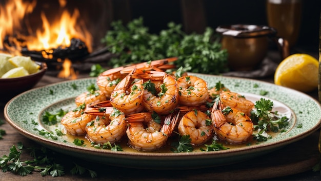 Delectable Grilled Shrimp Infused with Garlic and Parsley Presented on an Elegant Ceramic Plate