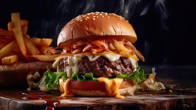 Delectable hamburger that is bursting with flavor Burger made of beef and pork with cheese lettuce tomato and onions Generative AI