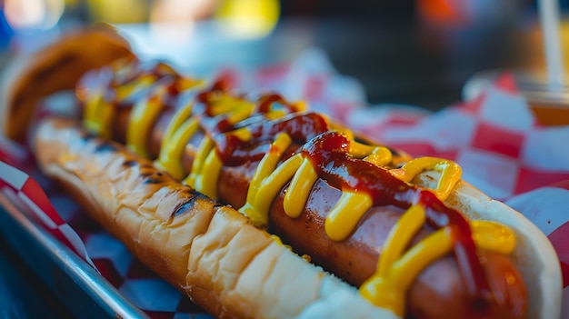 Photo delectable hot dog with mustard and ketchup on a picnic table with checkered tablecloth