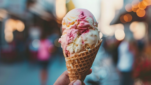 Delectable Ice Cream Served in a Waffle Cone with Vibrant Sunset Backdrop