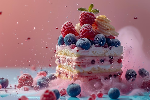 Delectable Multilayer Berry Cake with Powdered Sugar on Pastel Background