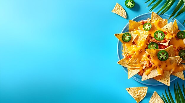 Photo delectable nachos with melted cheese and zesty jalapeos on a soft blue background