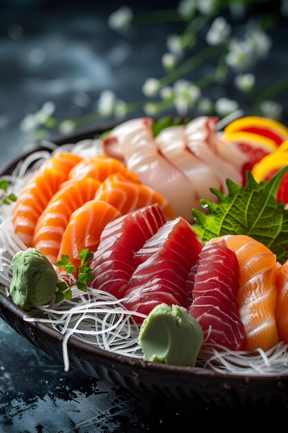 Photo delectable sashimi masterpiece with vibrant seafood assortment presented on rustic wooden platter