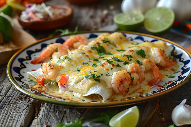 Delectable seafood enchiladas drizzled with creamy chipotle sauce Gourmet Mexican cuisine concept