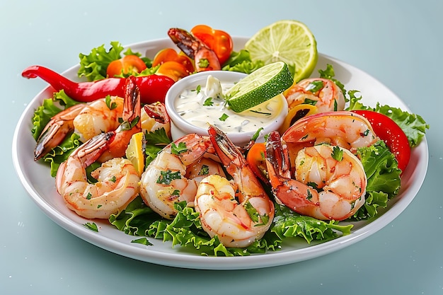 Delectable Shrimp Platter with Creamy Dip and Fresh Garnish