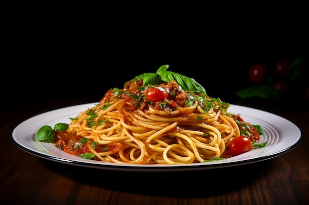 Delectable spaghetti paired with rich tomato sauce beautifully served on a rustic setting