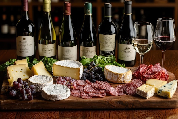 A delectable spread of assorted cheeses charcuterie fresh grapes and a lineup of elegant wine bottles on a wooden board awaiting indulgence