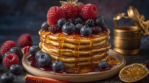 Delectable stack of pancakes with berries