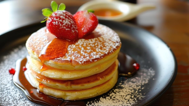 Delectable Strawberry Topped Pancakes Drizzled with Syrup