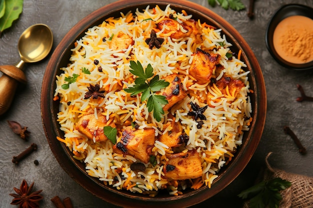 Photo delectable topdown view of chicken biryani dish with aromatic spices on dining table