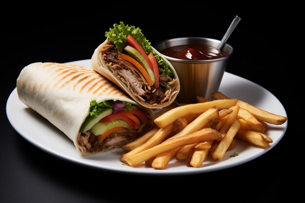 Photo delectable wrap and fries meal