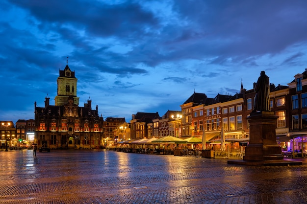 Delft market square markt in the evening delfth netherlands