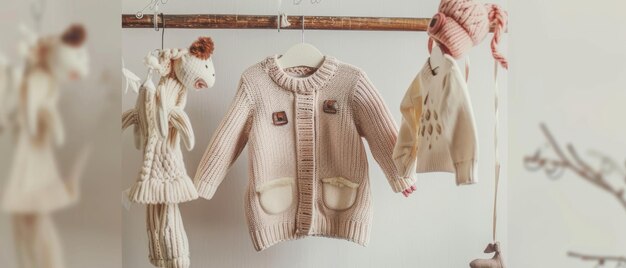 Photo a delicate arrangement of cozy childrens sweaters and a soft toy exuding warmth and charm in a thoughtfully curated nursery setting