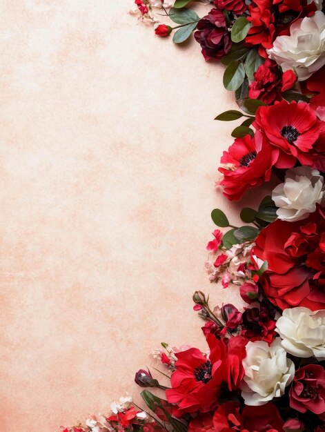 Photo a delicate arrangement of red pink and white flowers gracefully cascades along the right edge