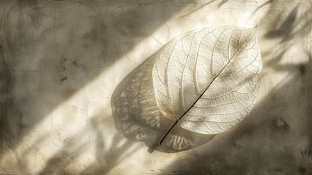 Photo delicate autumn leaf casting shadows on textured backdrop in soft daylight