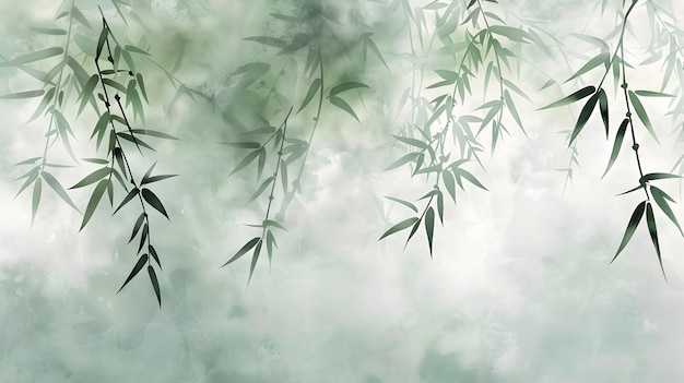 Delicate Bamboo Leaves in Misty Atmosphere Evoking Elegant Chinese Aesthetic