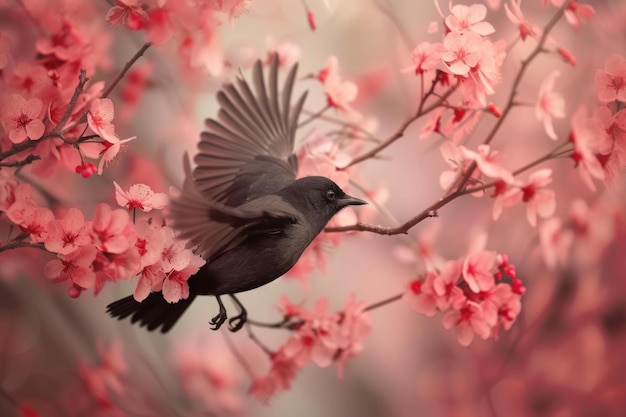 Delicate Bird branch flower color Generate Ai