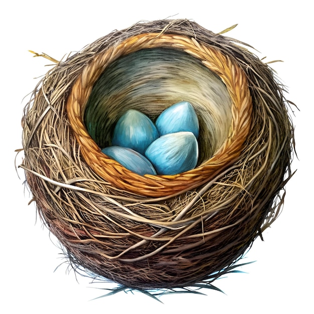 A delicate birds nest woven with intricate detail cradling three vibrant blue eggs