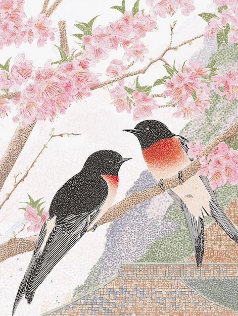 Photo delicate birds perched amidst blooming cherry blossoms