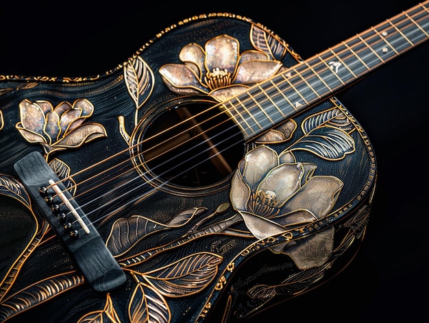 Photo a delicate black and gold magnolia flower themed martin acoustic guitar