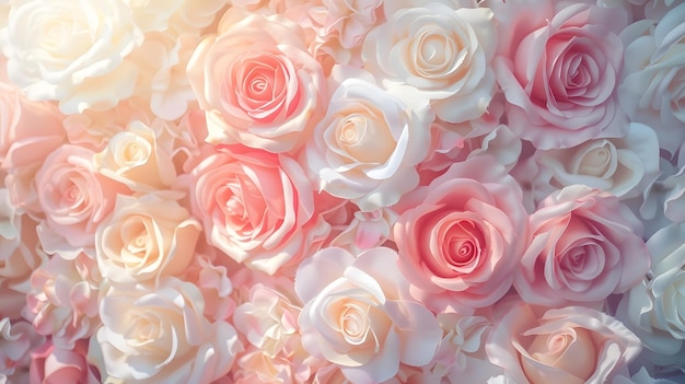 Delicate blossoming roses blooming flower wall festive background pastel and soft bo Generative AI