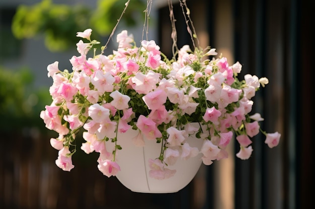 Delicate Blossoms Elegant Pink and White Flowers Enthralling on a White Hanging Pot ar 32