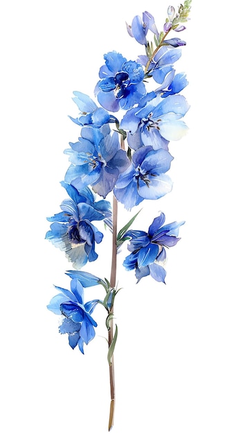 Delicate blue delphinium flowers on a single stem isolated on white background