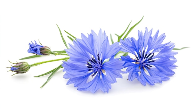 Photo a delicate blue flower with soft petals and green leaves isolated on a white background