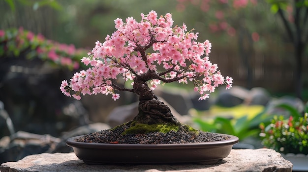 A delicate bonsai tree with pink blossoms in a pot showcasing the art of miniature tree cultivation