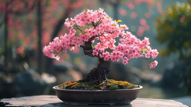 A delicate bonsai tree with pink blossoms in a pot surrounded by a blurred background