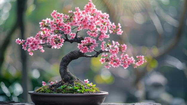 A delicate bonsai tree with pink flowers blooms in a pot against a blurred green background