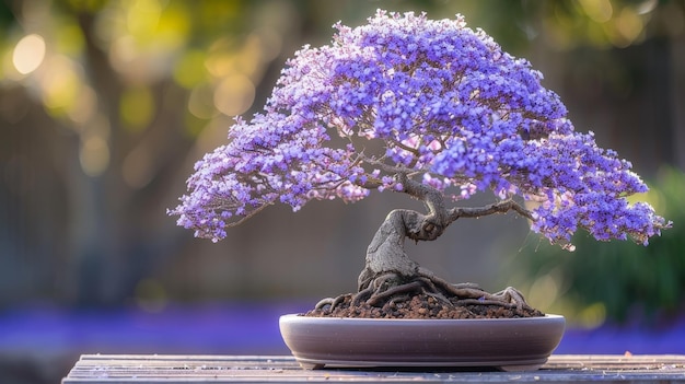 A delicate bonsai tree with purple blossoms in a pot