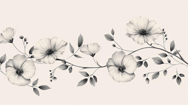 A Delicate Branch of White Flowers and Leaves in Black and White