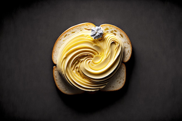 Delicate butter curl laid out on bread on dark grey background