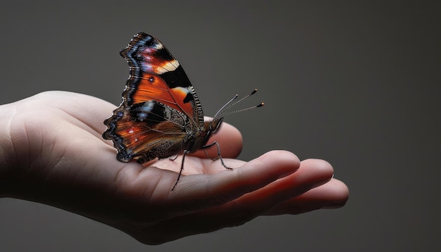 Photo a delicate butterfly perched gently on an outstretched hand in soft lighting