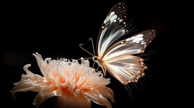 Delicate Butterfly Soars Towards Luminescent Flower in Ethereal Light