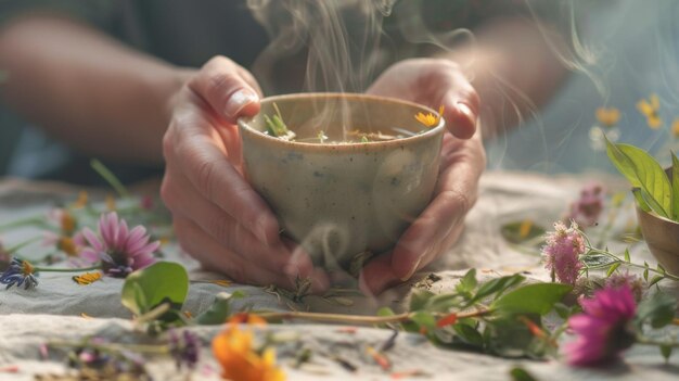 Delicate Ceramic Cup of Herbal Tea Held in Hands