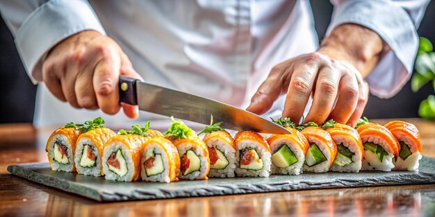 Photo delicate chef slicing freshly prepared sushi rolls closeup