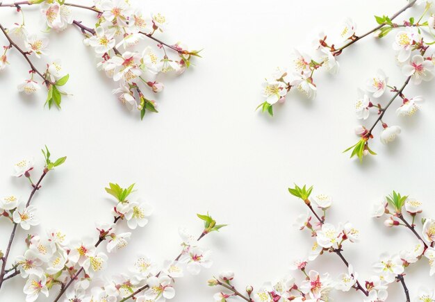 Photo delicate cherry blossom branches arranged on a white background showcasing soft pink and white flowers with fresh green leaves