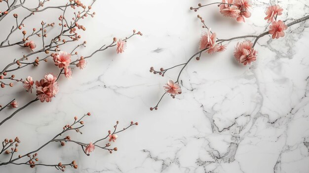 Photo delicate cherry blossom branches on white marble background in natural light