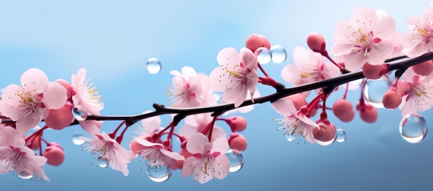 Delicate cherry blossoms with dewdrops against a serene sky a celebration of springs awakening during Hanami