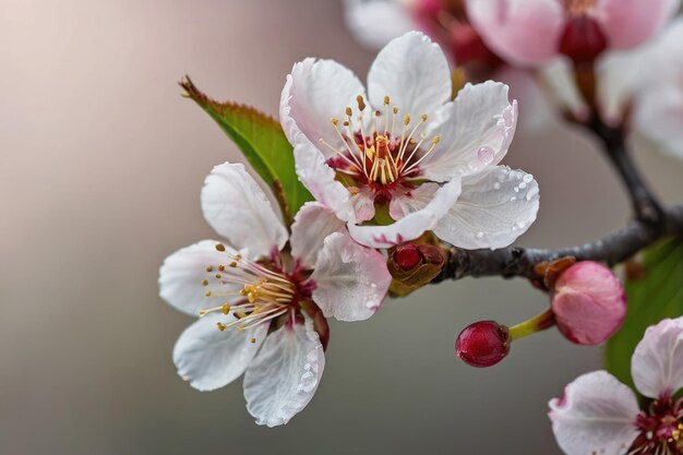 Delicate cherry blossoms with dewdrops