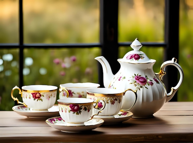 Photo delicate china teapot and cups on a wooden table