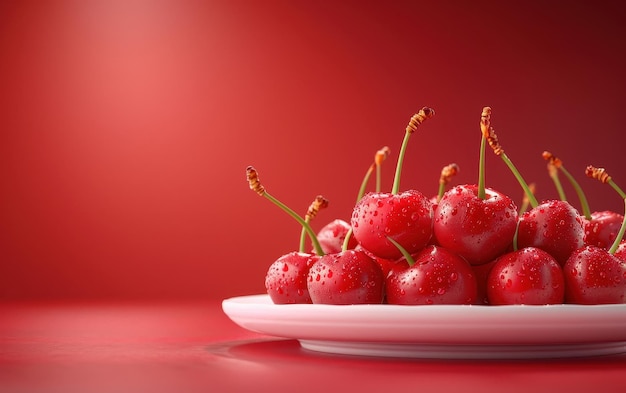 A Delicate Collection of Ripe Cherries Glistens on a White Plate Against a Red Background