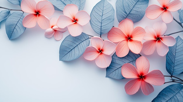 Delicate coral pink and sky blue summer leaves with tiny plumerias on a white backdrop Minimalistic